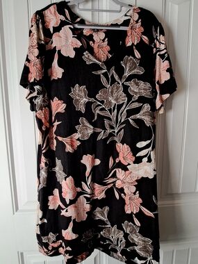 Nicole Miller Black Floral Tunic with Pink and Cream Blooms